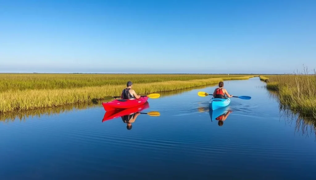 Kayakers exploring the marshlands of Assateague Island, Delaware Kayakers exploring the marshlands of Assateague Island, Delaware