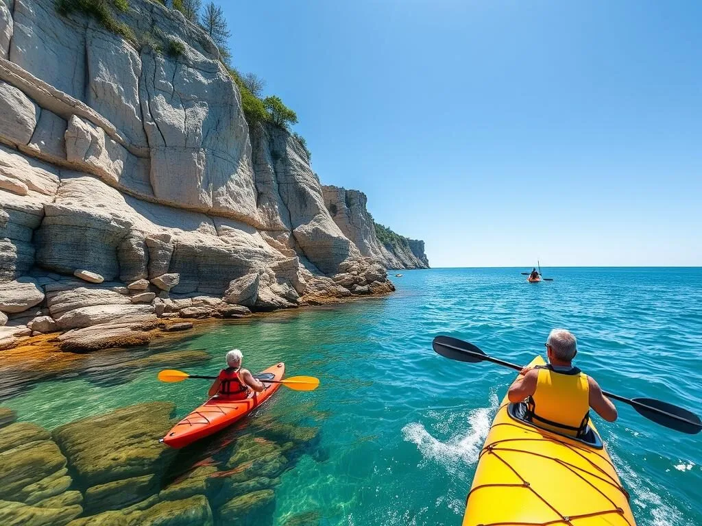 Kayakers exploring the shoreline of Kelleys Island, Lake Erie Islands Ohio Kayakers exploring the shoreline of Kelleys Island, Lake Erie Islands Ohio