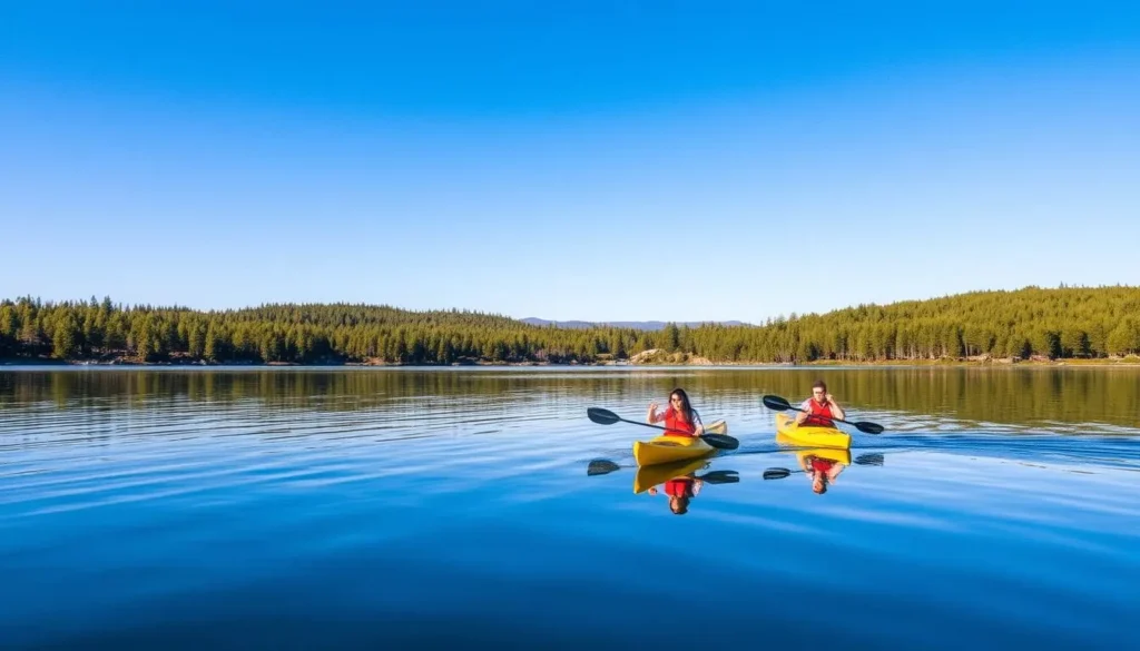 Kayakers on Bass Lake surrounded by forest in Madera County, California Kayakers on Bass Lake surrounded by forest in Madera County, California