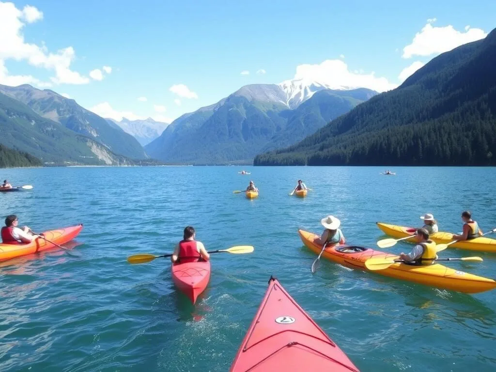 Kayakers on Lake Todos los Santos with mountains in the background at Vicente Pérez Rosales National Park Kayakers on Lake Todos los Santos with mountains in the background at Vicente Pérez Rosales National Park