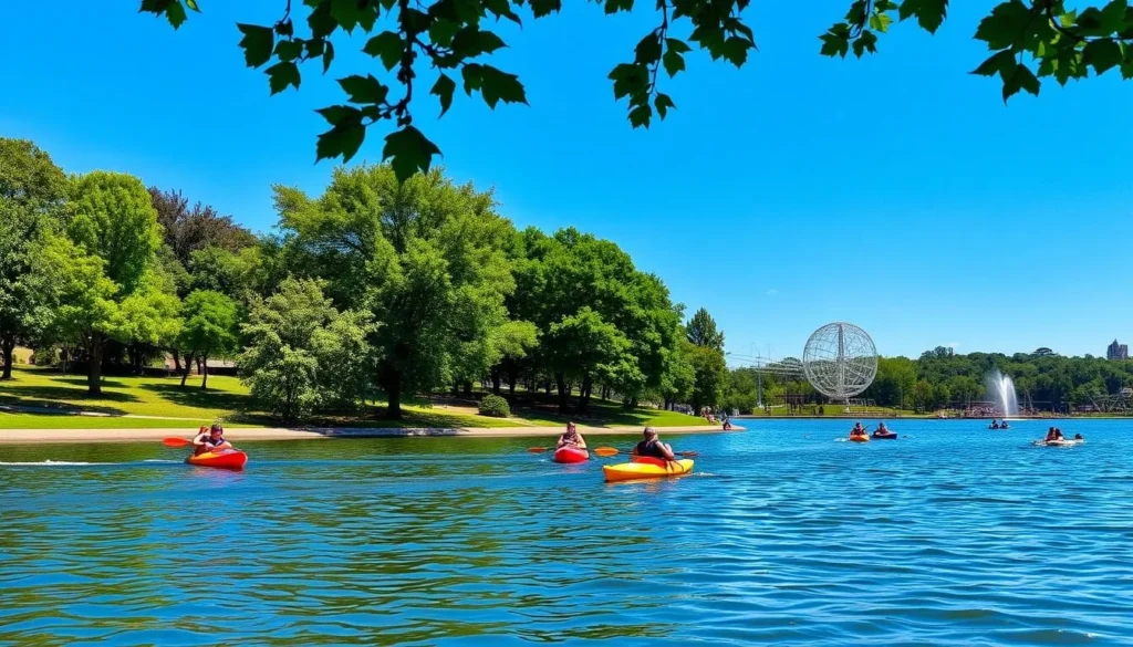 Kayakers on Meadow Lake in Flushing Meadows Corona Park, Queens Kayakers on Meadow Lake in Flushing Meadows Corona Park, Queens