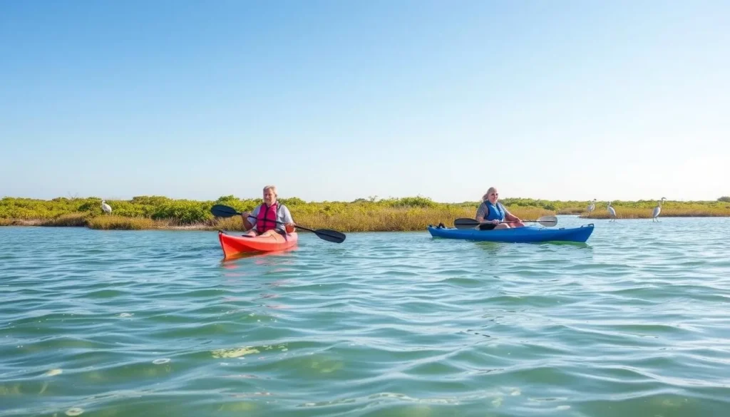 Kayakers paddling in Apalachicola Bay with wildlife in Franklin County Florida Kayakers paddling in Apalachicola Bay with wildlife in Franklin County Florida