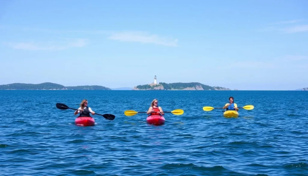 Kayakers paddling in Casco Bay with islands and a lighthouse visible in the distance Kayakers paddling in Casco Bay with islands and a lighthouse visible in the distance