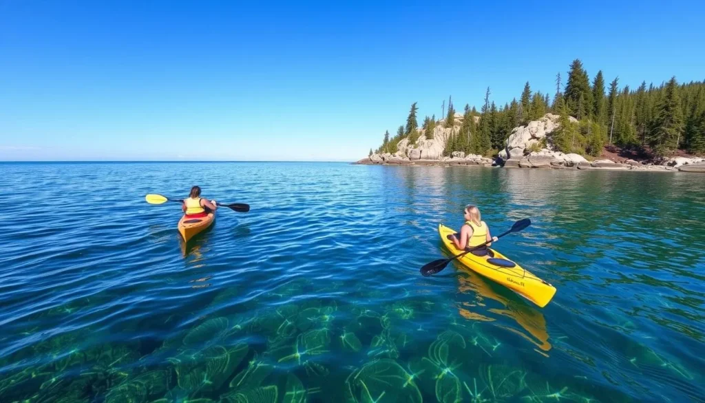 Kayakers paddling near the shoreline of Isle Royale National Park with forested coastline in background Kayakers paddling near the shoreline of Isle Royale National Park with forested coastline in background