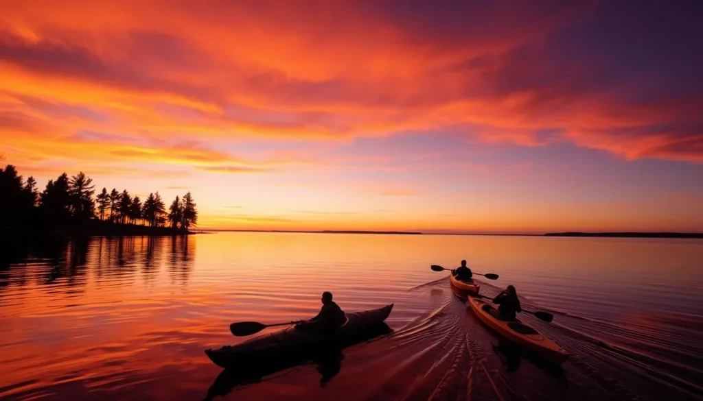 Kayakers paddling on Lake Bemidji at sunset with silhouettes against orange sky Kayakers paddling on Lake Bemidji at sunset with silhouettes against orange sky