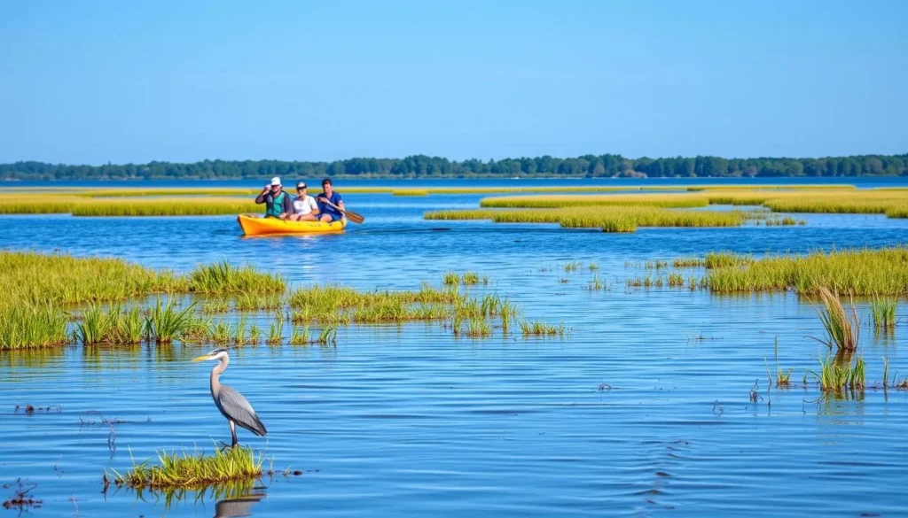 Kayakers paddling on Lake Canoy at Point Lookout with wildlife visible Kayakers paddling on Lake Canoy at Point Lookout with wildlife visible