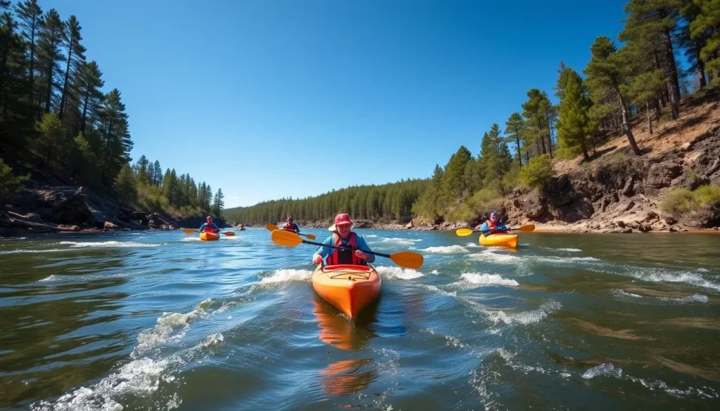 Kayakers paddling on Mountain Fork River at Beavers Bend State Park with forested shorelines Kayakers paddling on Mountain Fork River at Beavers Bend State Park with forested shorelines