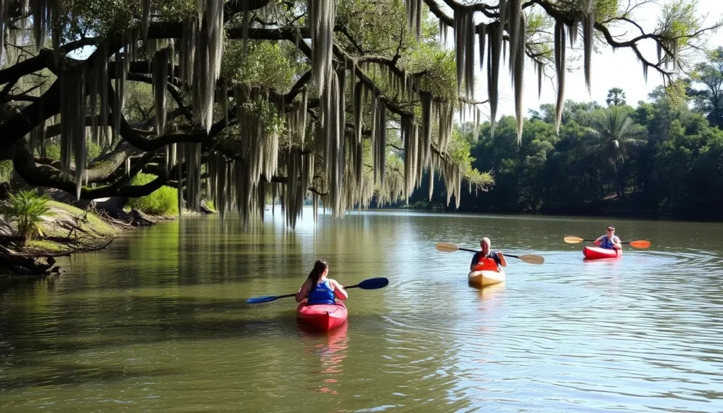 Kayakers paddling on Peace River in DeSoto County Florida Kayakers paddling on Peace River in DeSoto County Florida