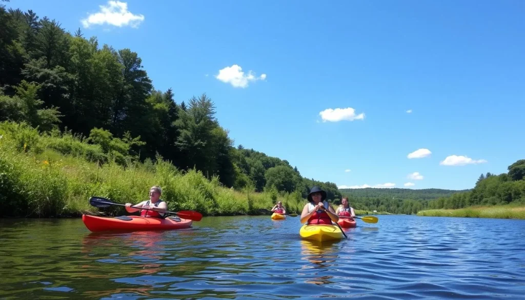 Kayakers paddling on Schoharie Creek with lush green surroundings Kayakers paddling on Schoharie Creek with lush green surroundings