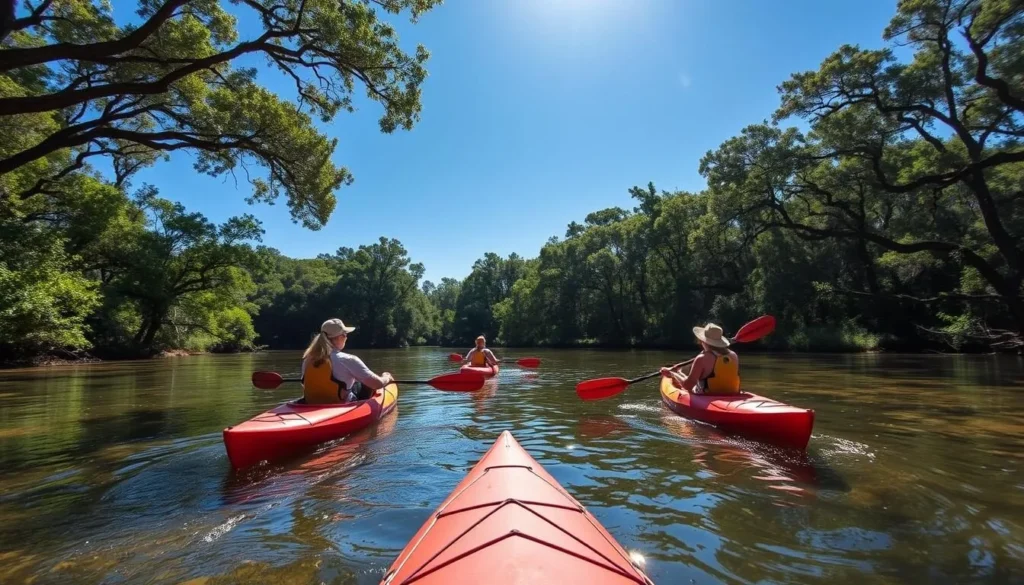Kayakers paddling on the Chipola River in Jackson County Florida Kayakers paddling on the Chipola River in Jackson County Florida