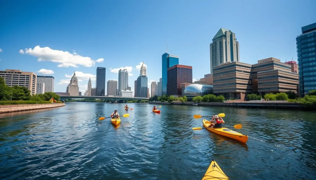 Kayakers paddling on the Grand River in downtown Grand Rapids Kayakers paddling on the Grand River in downtown Grand Rapids