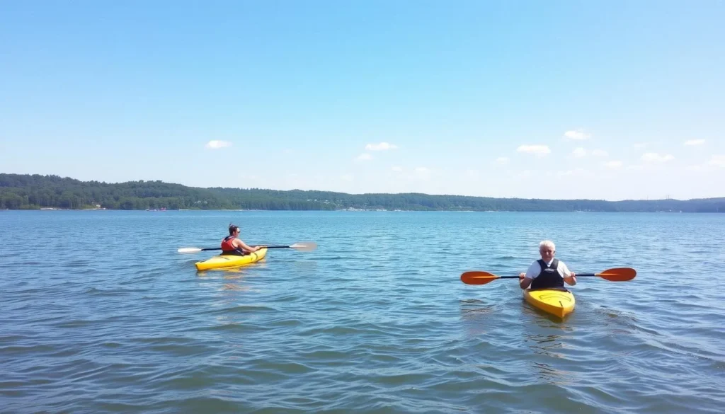 Kayakers paddling on the Hudson River near Nyack in Rockland County New York Kayakers paddling on the Hudson River near Nyack in Rockland County New York