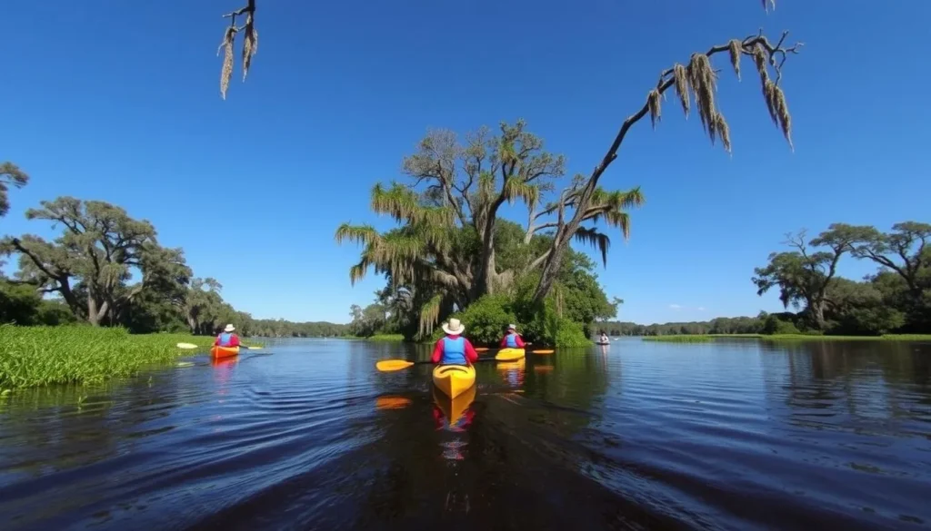 Kayakers paddling on the Santa Fe River surrounded by cypress trees Kayakers paddling on the Santa Fe River surrounded by cypress trees