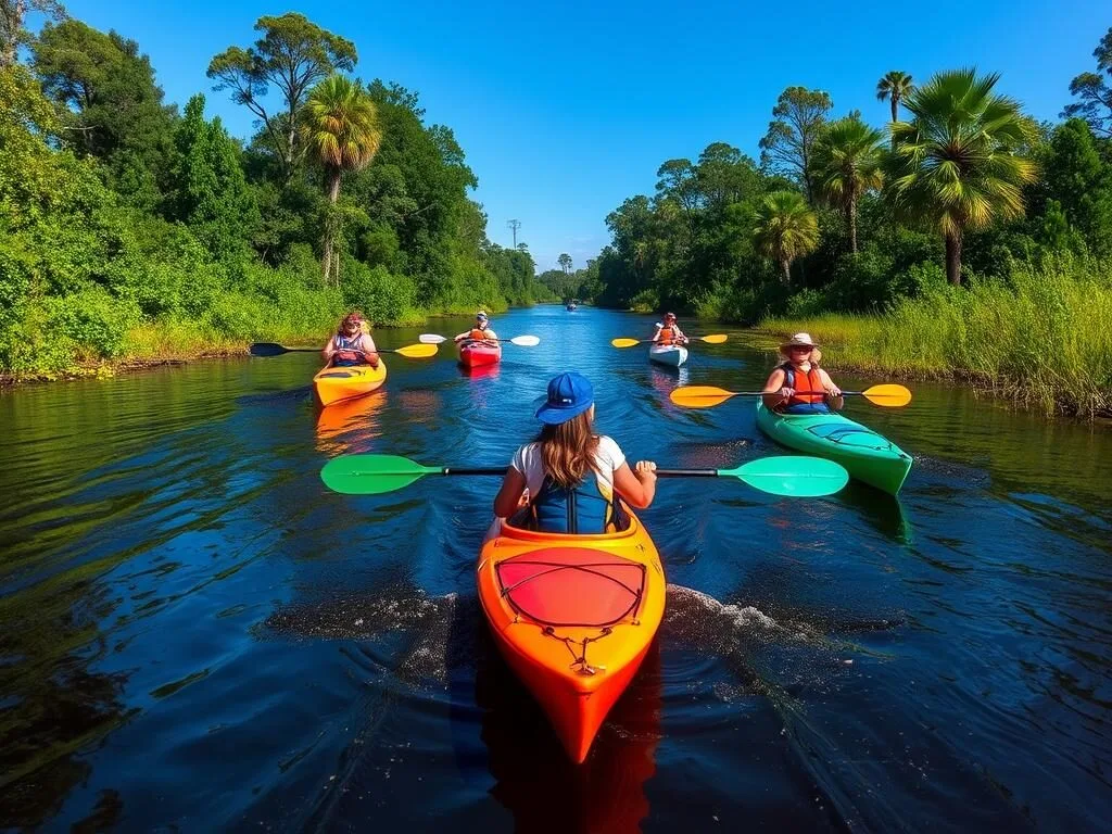 Kayakers paddling on the Suwannee River Wilderness Trail in Suwannee County, Florida Kayakers paddling on the Suwannee River Wilderness Trail in Suwannee County, Florida