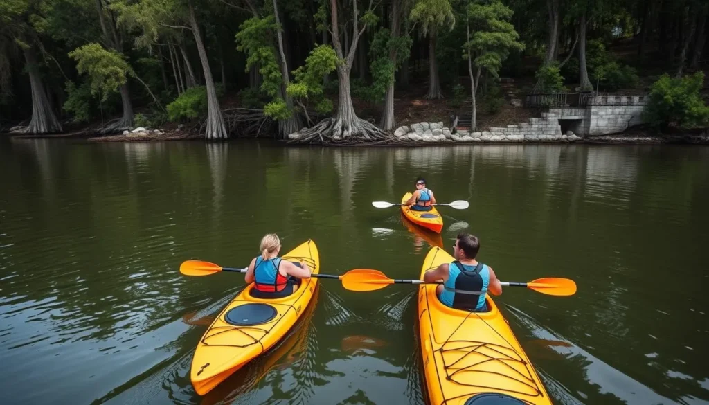 Kayakers paddling on the Suwannee River in Hamilton County Florida with cypress trees lining the banks Kayakers paddling on the Suwannee River in Hamilton County Florida with cypress trees lining the banks