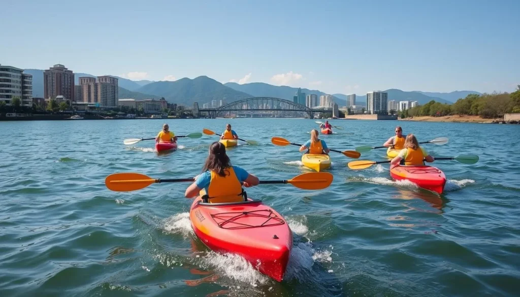 Kayakers paddling on the Tennessee River with the Chattanooga skyline in the background Kayakers paddling on the Tennessee River with the Chattanooga skyline in the background