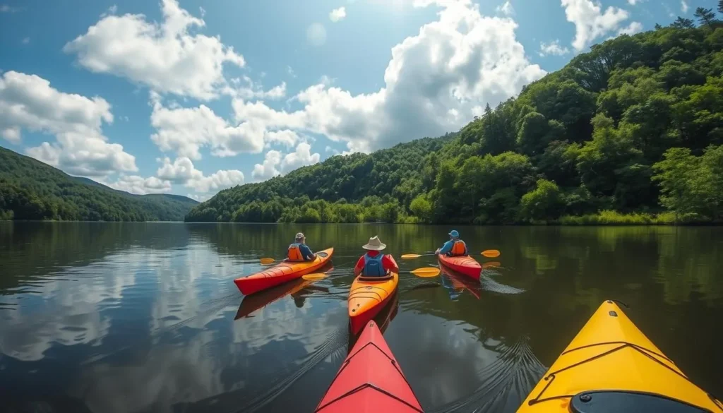 Kayakers paddling on the calm waters of Allegheny River in Cattaraugus County with forested shorelines Kayakers paddling on the calm waters of Allegheny River in Cattaraugus County with forested shorelines