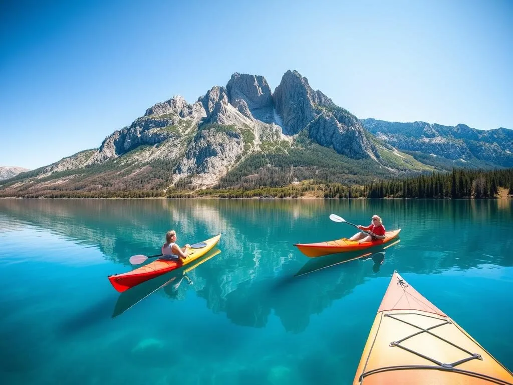 Kayakers paddling on the clear blue waters of Lake Willoughby with the dramatic cliffs in the background Kayakers paddling on the clear blue waters of Lake Willoughby with the dramatic cliffs in the background