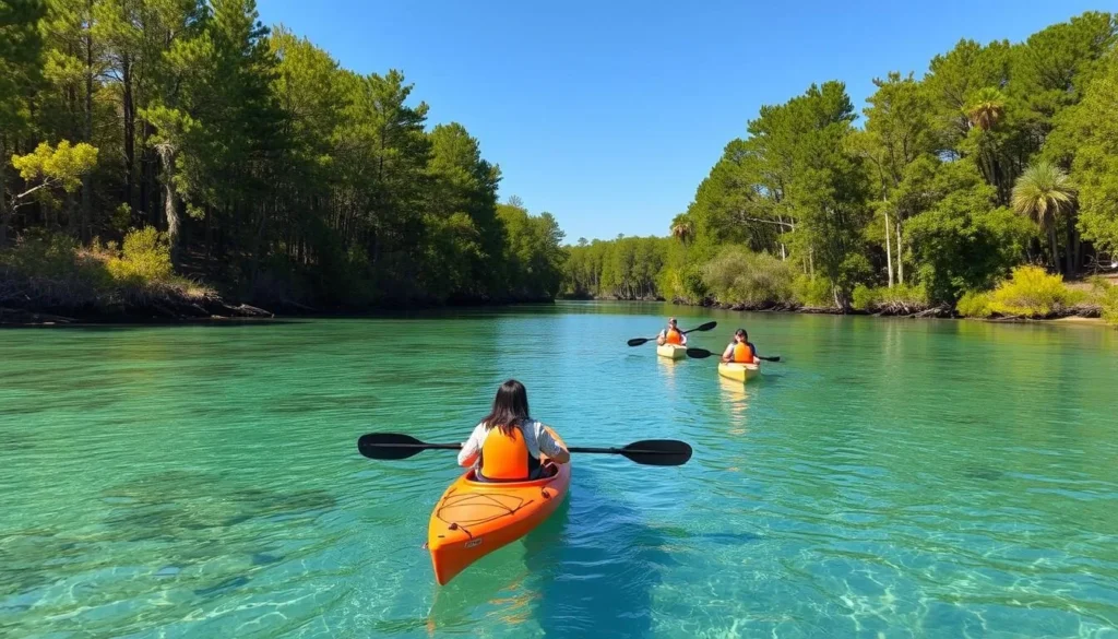 Kayakers paddling on the crystal clear Wacissa River in Jefferson County, Florida Kayakers paddling on the crystal clear Wacissa River in Jefferson County, Florida