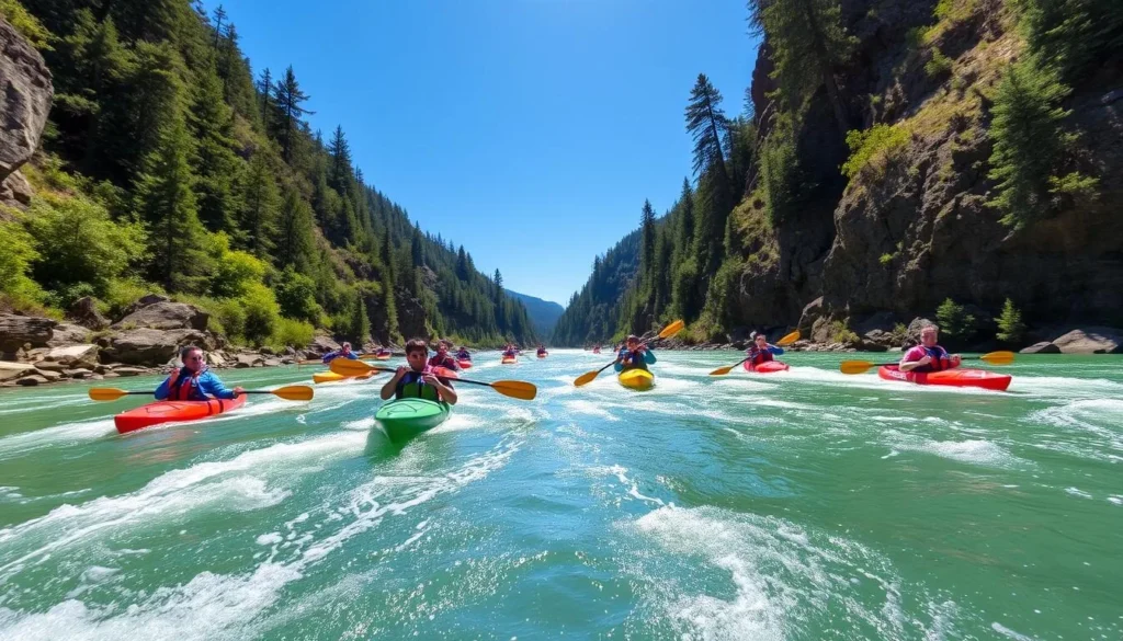 Kayakers paddling on the emerald waters of Smith River surrounded by forest Kayakers paddling on the emerald waters of Smith River surrounded by forest