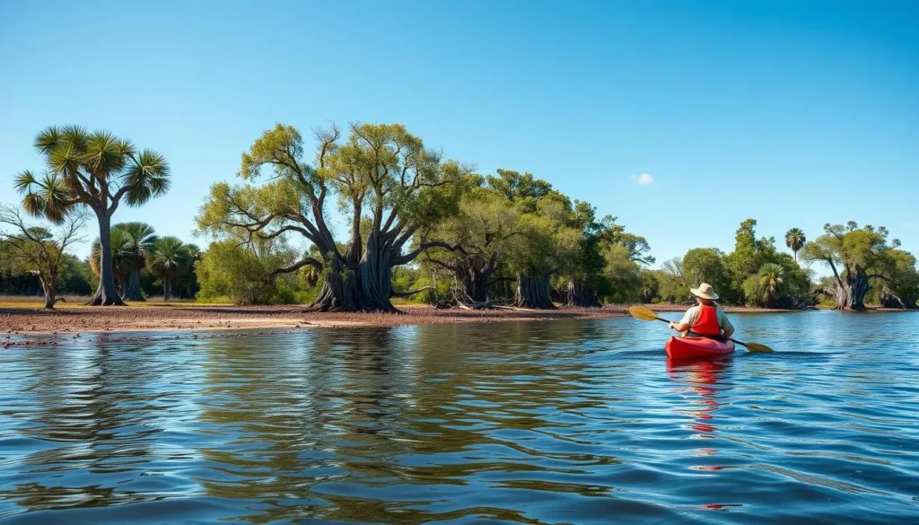 Kayakers paddling on the pristine Peace River in Hardee County Florida surrounded by cypress trees Kayakers paddling on the pristine Peace River in Hardee County Florida surrounded by cypress trees