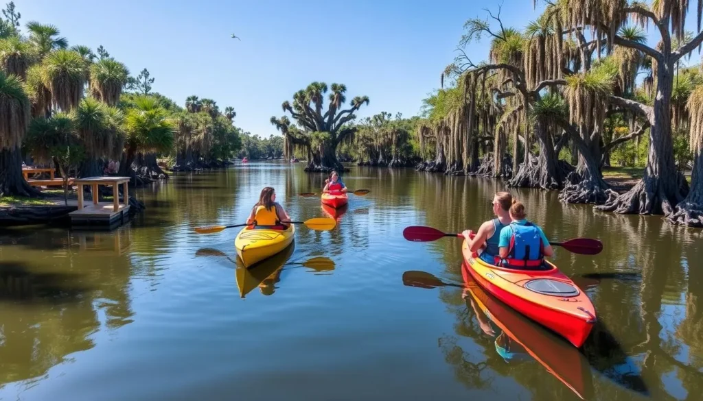 Kayakers paddling through Mandalay National Wildlife Refuge in Houma Kayakers paddling through Mandalay National Wildlife Refuge in Houma