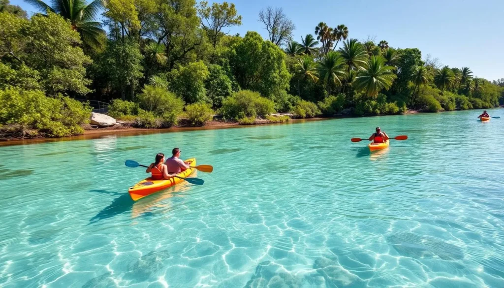 Kayakers paddling through crystal clear waters of Weeki Wachee River surrounded by lush vegetation Kayakers paddling through crystal clear waters of Weeki Wachee River surrounded by lush vegetation