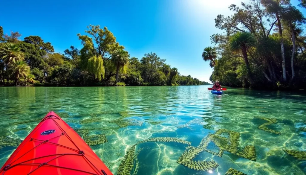 Kayakers paddling through the clear waters of Chassahowitzka River in Citrus County, Florida Kayakers paddling through the clear waters of Chassahowitzka River in Citrus County, Florida