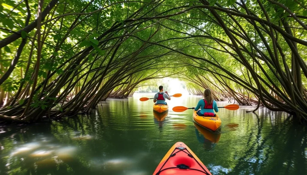 Kayakers paddling through the mangrove tunnels at Upper Tampa Bay Park Kayakers paddling through the mangrove tunnels at Upper Tampa Bay Park
