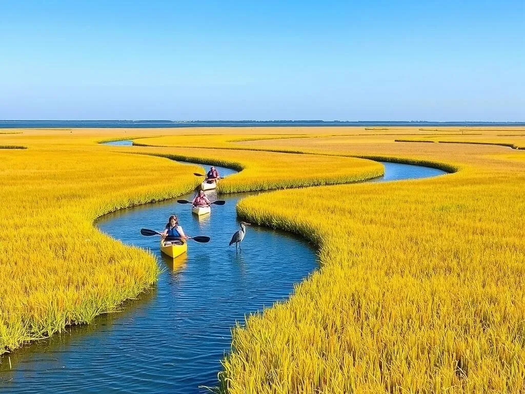 Kayakers paddling through tidal creeks surrounded by salt marsh on Little St. Simons Island Kayakers paddling through tidal creeks surrounded by salt marsh on Little St. Simons Island