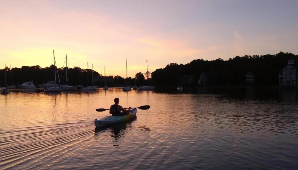 Kayaking in Hampton Harbor with a serene landscape