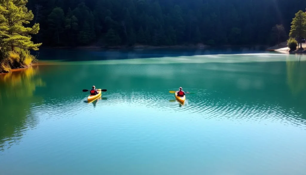 Kayaking in a quiet cove at Norris Lake Tennessee Kayaking in a quiet cove at Norris Lake Tennessee