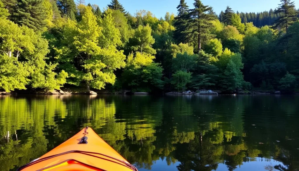 Kayaking in a serene cove at Huntington Lake