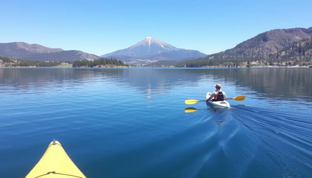 Kayaking on Clear Lake with Mount Konocti in the background Kayaking on Clear Lake with Mount Konocti in the background