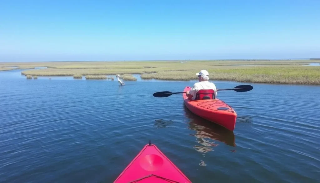 Kayaking on Currituck Sound near Knotts Island, North Carolina with marshes and wildlife Kayaking on Currituck Sound near Knotts Island, North Carolina with marshes and wildlife