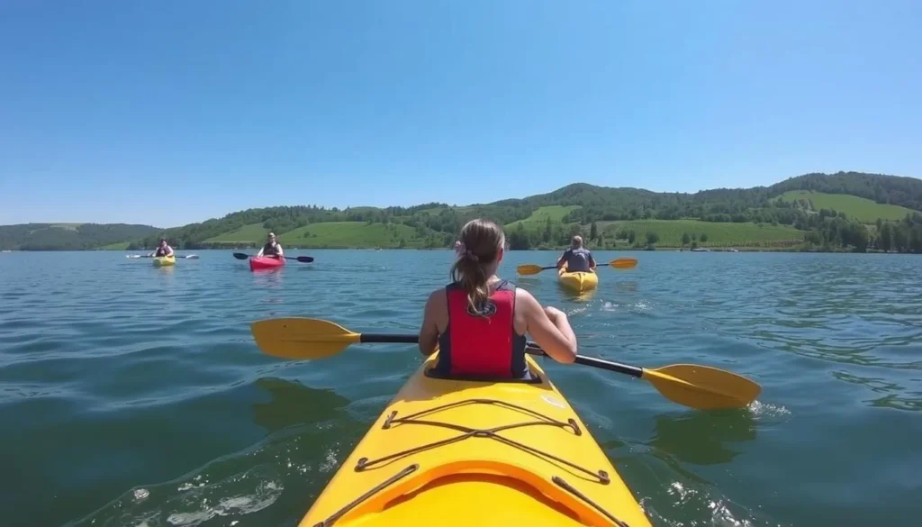 Kayaking on Keuka Lake in Steuben County with vineyard views Kayaking on Keuka Lake in Steuben County with vineyard views