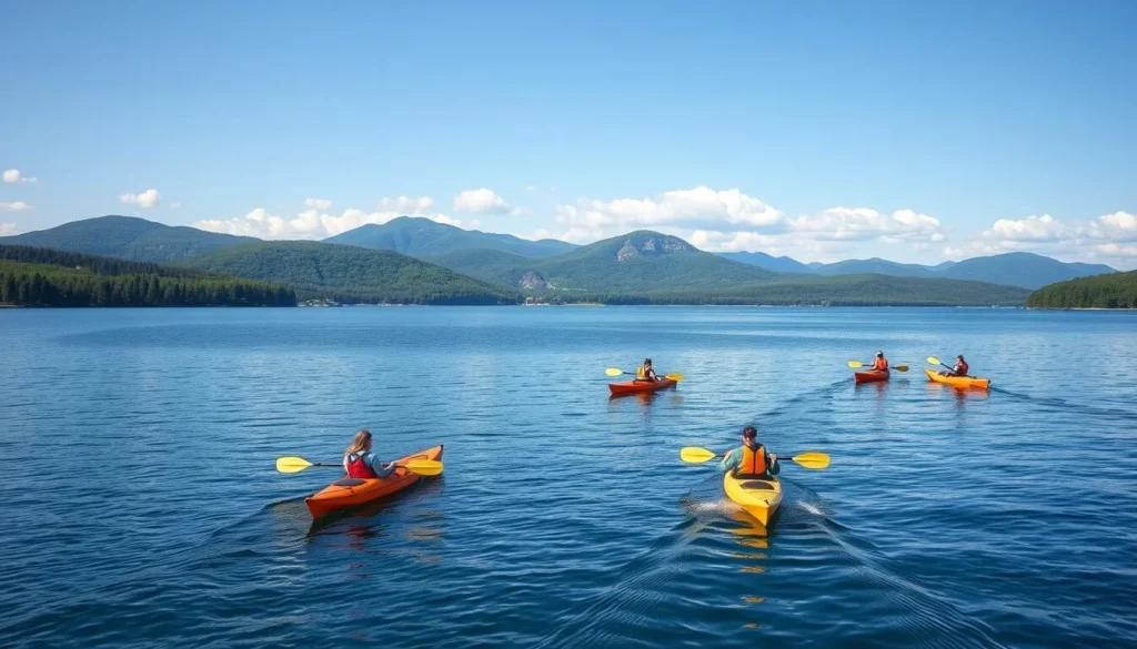 Kayaking on Lake Champlain with mountain backdrop in Clinton County, New York Kayaking on Lake Champlain with mountain backdrop in Clinton County, New York