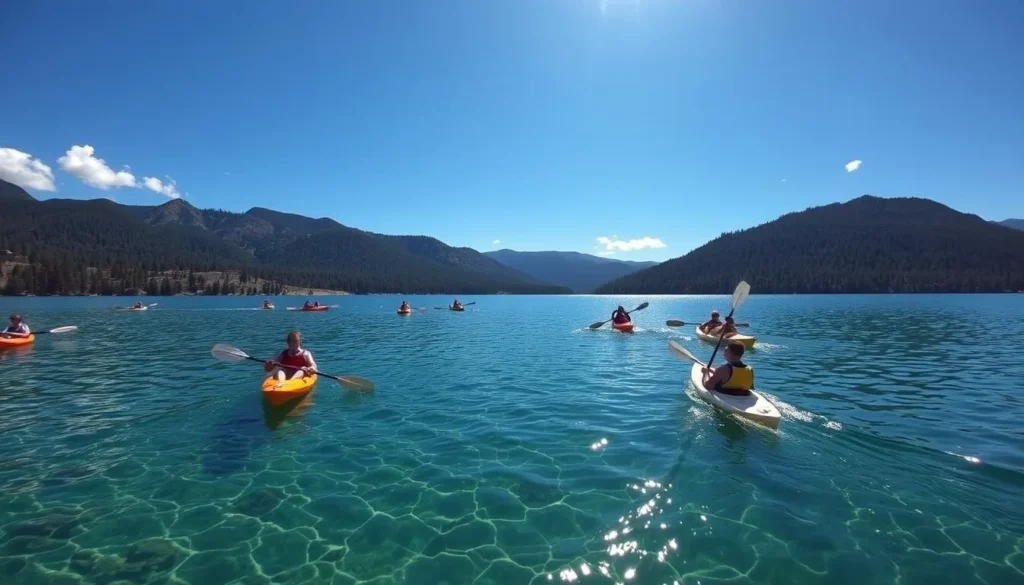 Kayaking on Whiskeytown Lake in Redding California with mountain views in the background Kayaking on Whiskeytown Lake in Redding California with mountain views in the background