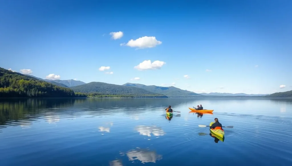 Kayaking on a serene lake in Greene County with mountain backdrop Kayaking on a serene lake in Greene County with mountain backdrop