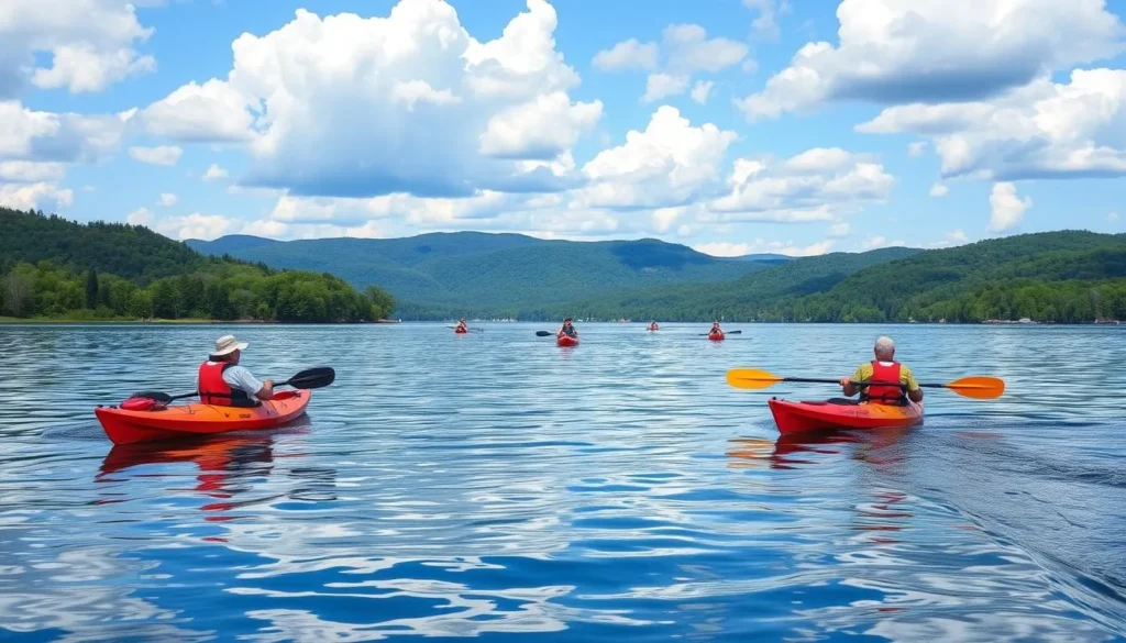 Kayaking on the Hudson River in Ulster County with mountain views Kayaking on the Hudson River in Ulster County with mountain views