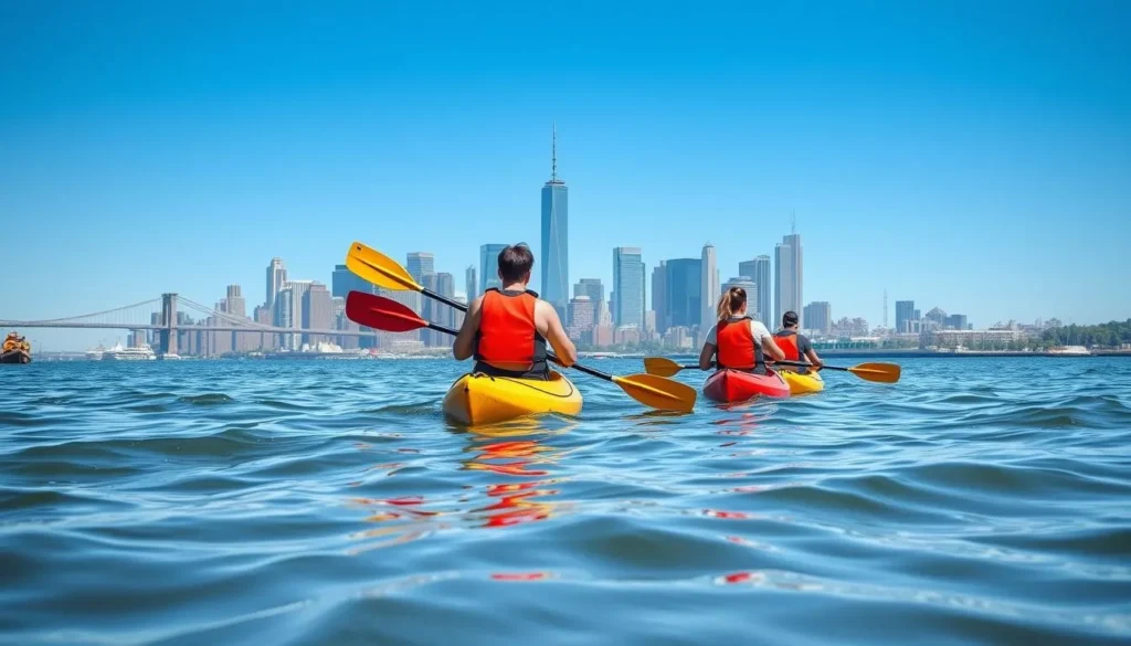 Kayaking on the Hudson River with Manhattan skyline view Kayaking on the Hudson River with Manhattan skyline view