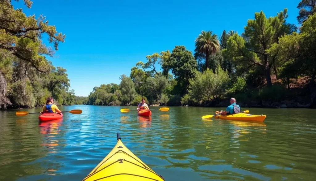 Kayaking on the Sacramento River in Colusa County on a sunny day Kayaking on the Sacramento River in Colusa County on a sunny day