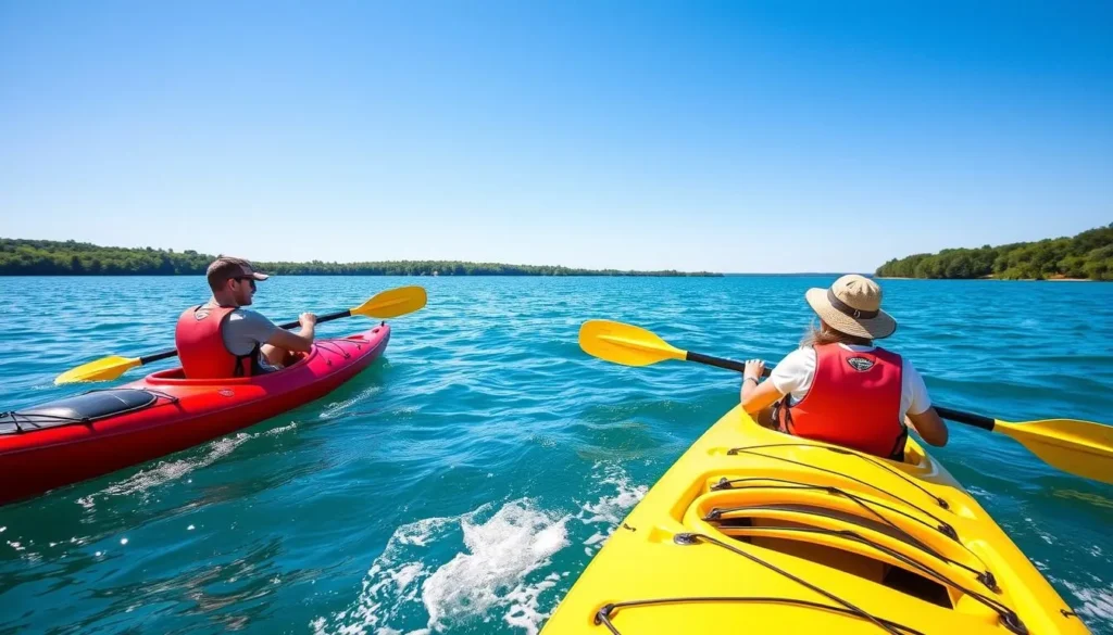 Kayaking on the St. Lawrence River with island views in the background Kayaking on the St. Lawrence River with island views in the background
