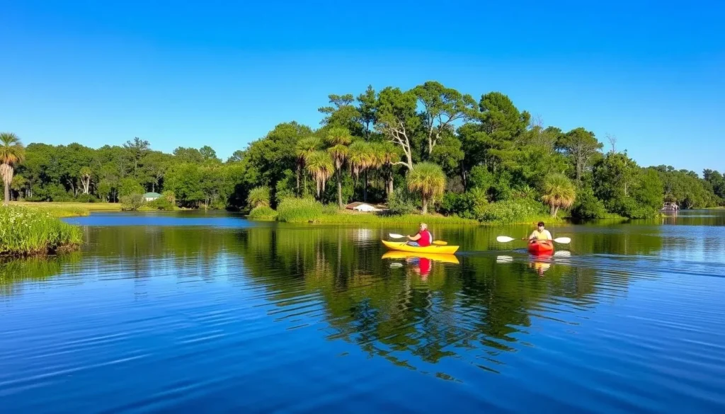 Kayaking on the serene waters at Aiken State Park surrounded by cypress trees Kayaking on the serene waters at Aiken State Park surrounded by cypress trees