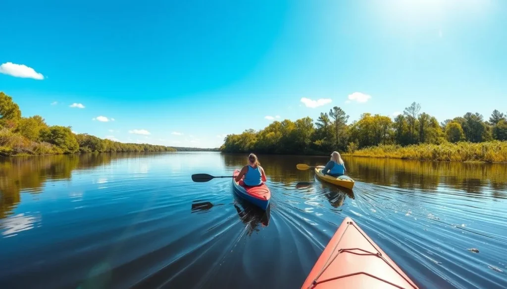 Kayaking scene on the calm waters of Great Dismal Swamp in Chesapeake Virginia Kayaking scene on the calm waters of Great Dismal Swamp in Chesapeake Virginia