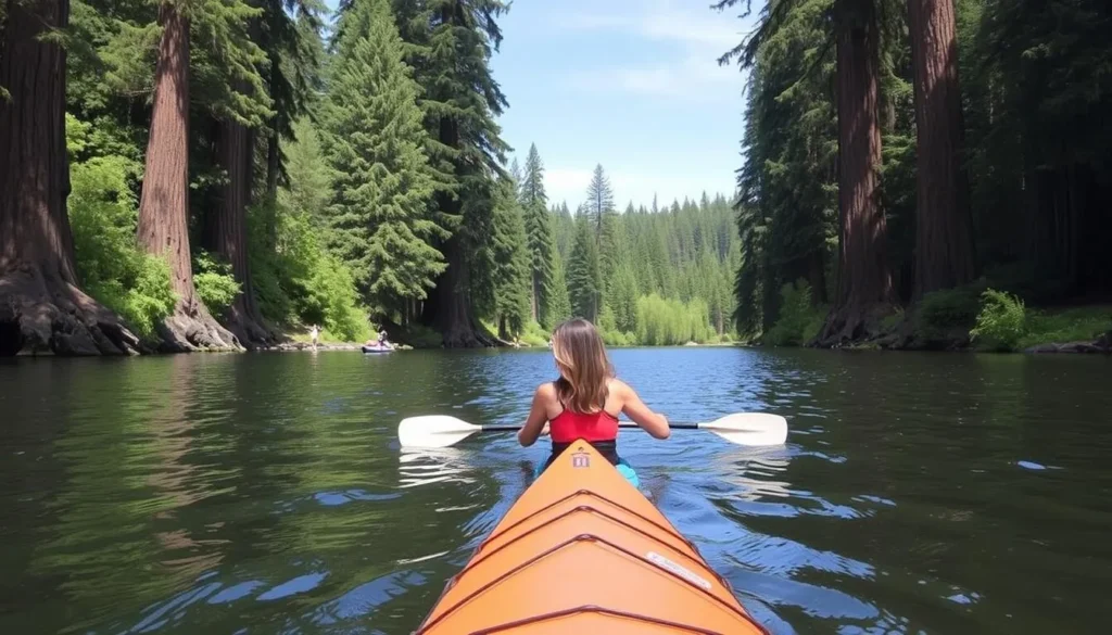Kayaking through calm waters surrounded by redwoods in the Big River Estuary
