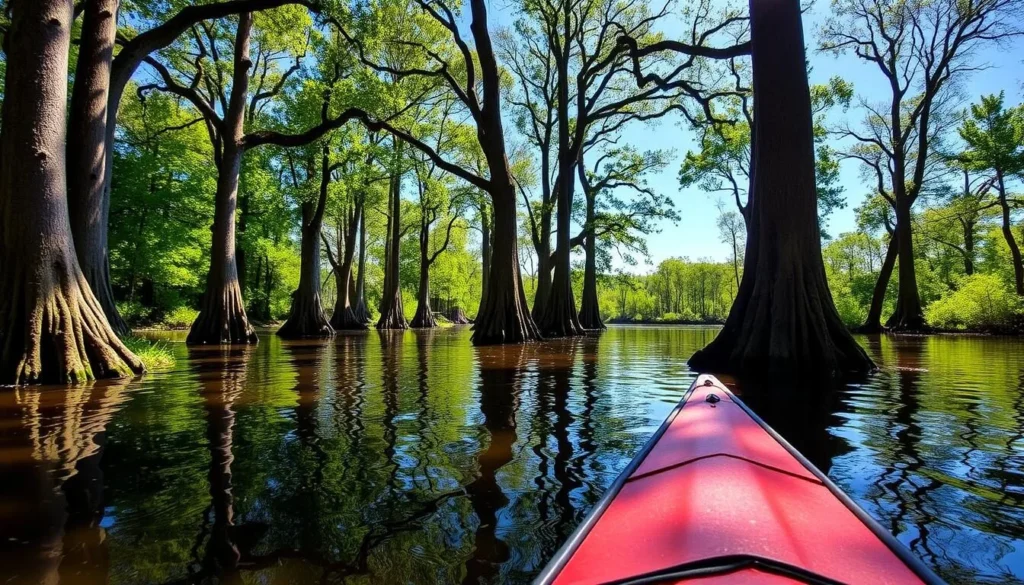 Kayaking through cypress trees at Trap Pond State Park near Bethel, Delaware Kayaking through cypress trees at Trap Pond State Park near Bethel, Delaware