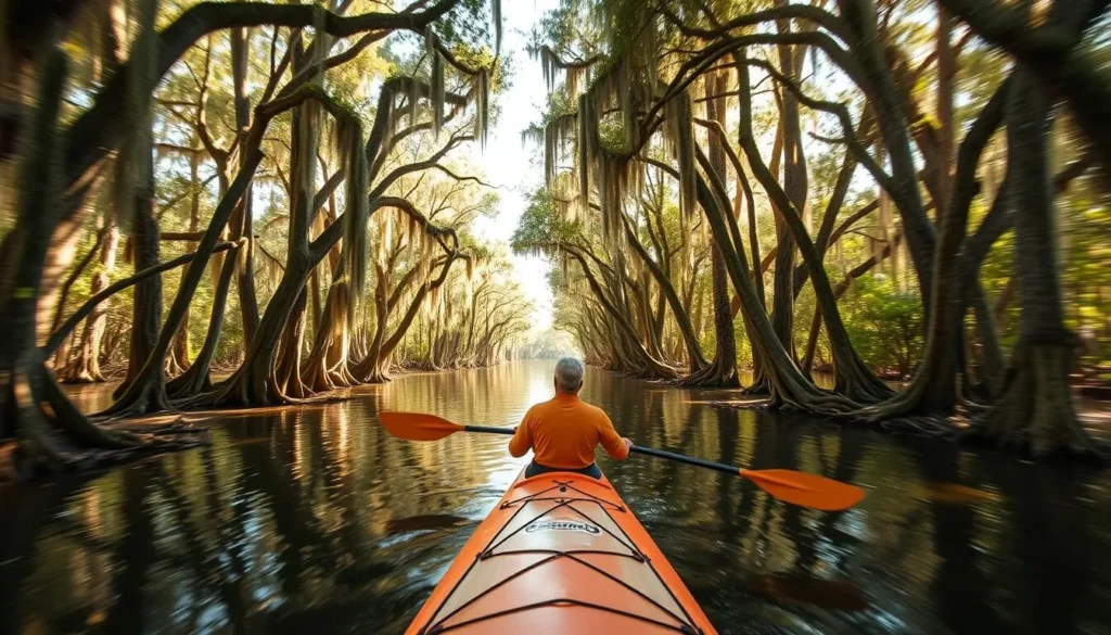 Kayaking through cypress trees on Polk County waterway Kayaking through cypress trees on Polk County waterway