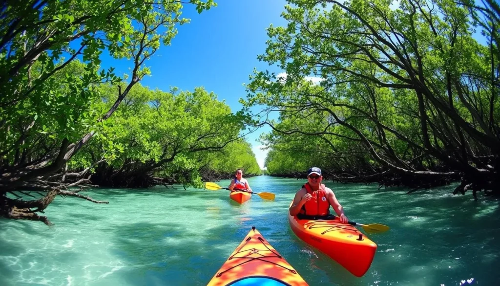 Kayaking through mangroves at John D. MacArthur Beach State Park in Palm Beach County Florida