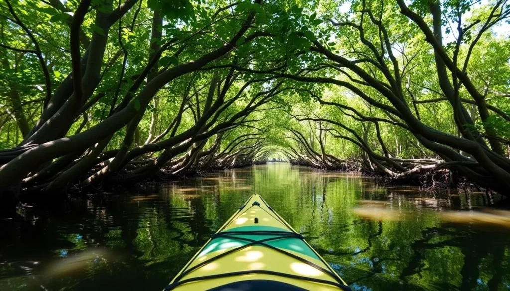 Kayaking through mangroves in Peace River, Charlotte County Kayaking through mangroves in Peace River, Charlotte County